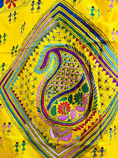 Close-up of yellow saree pallu showing Kantha embroidery paisley motif