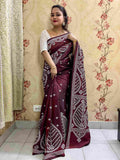 Maroon Brown Gujarati Stitch Saree with Kutch hand embroidery on blended Bangalore silk by Desi Aadat