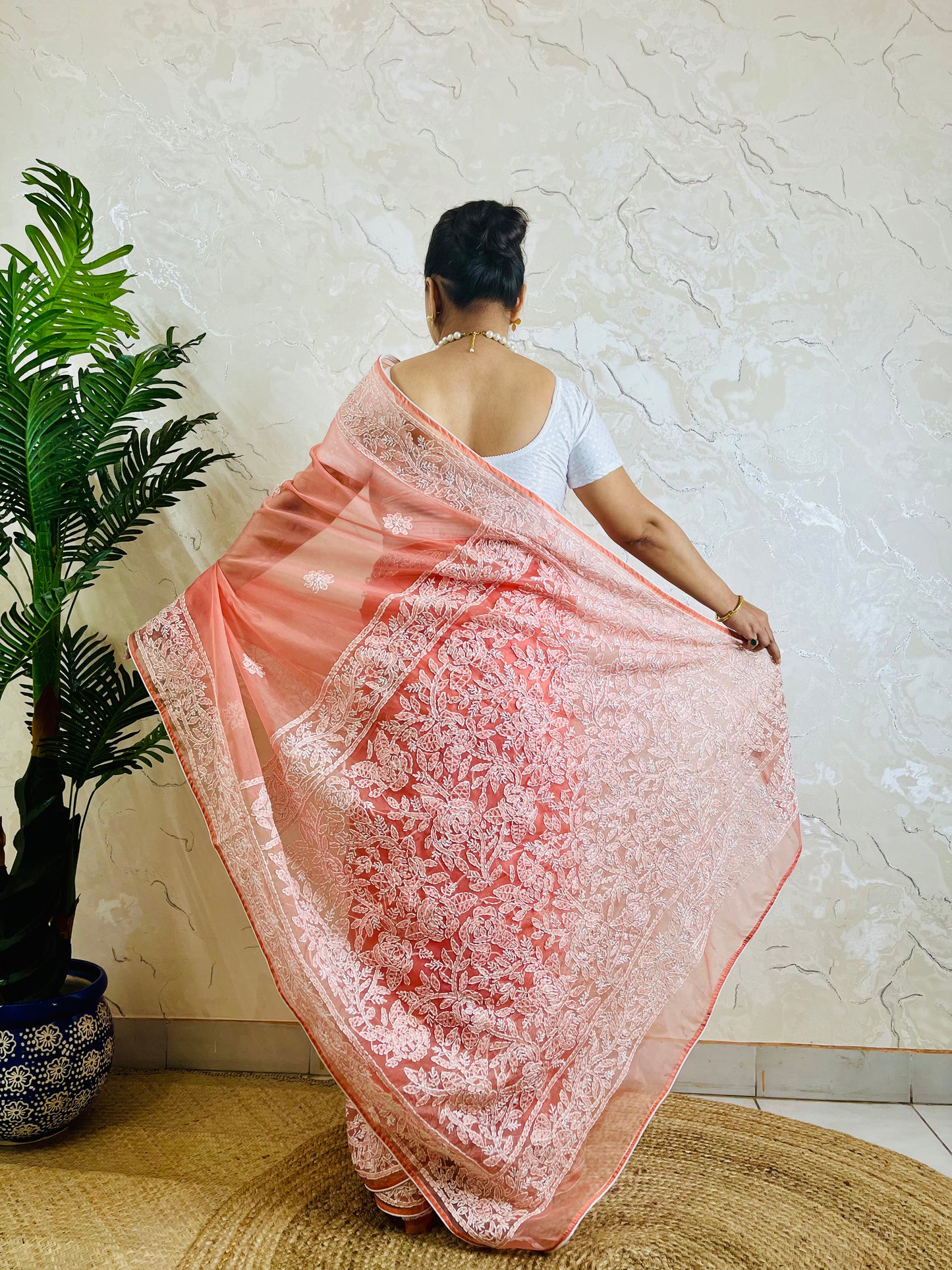 Pastel coral peach Chikankari handstitched organza silk saree with dense blush jaal embroidery — standing front view, Desi Aadat