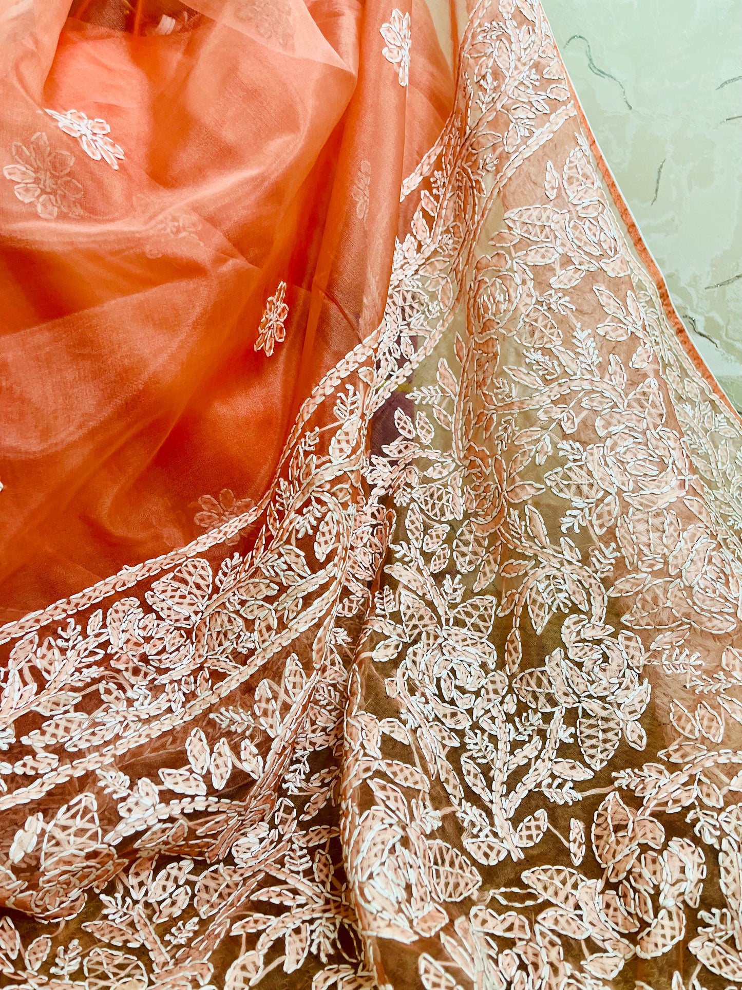 Close-up of tone-on-tone Lucknowi Chikankari jaal, leaf, and vine hand embroidery on pastel coral peach pure organza silk saree — Desi Aadat