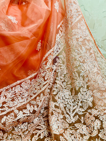 Close-up of tone-on-tone Lucknowi Chikankari jaal, leaf, and vine hand embroidery on pastel coral peach pure organza silk saree — Desi Aadat