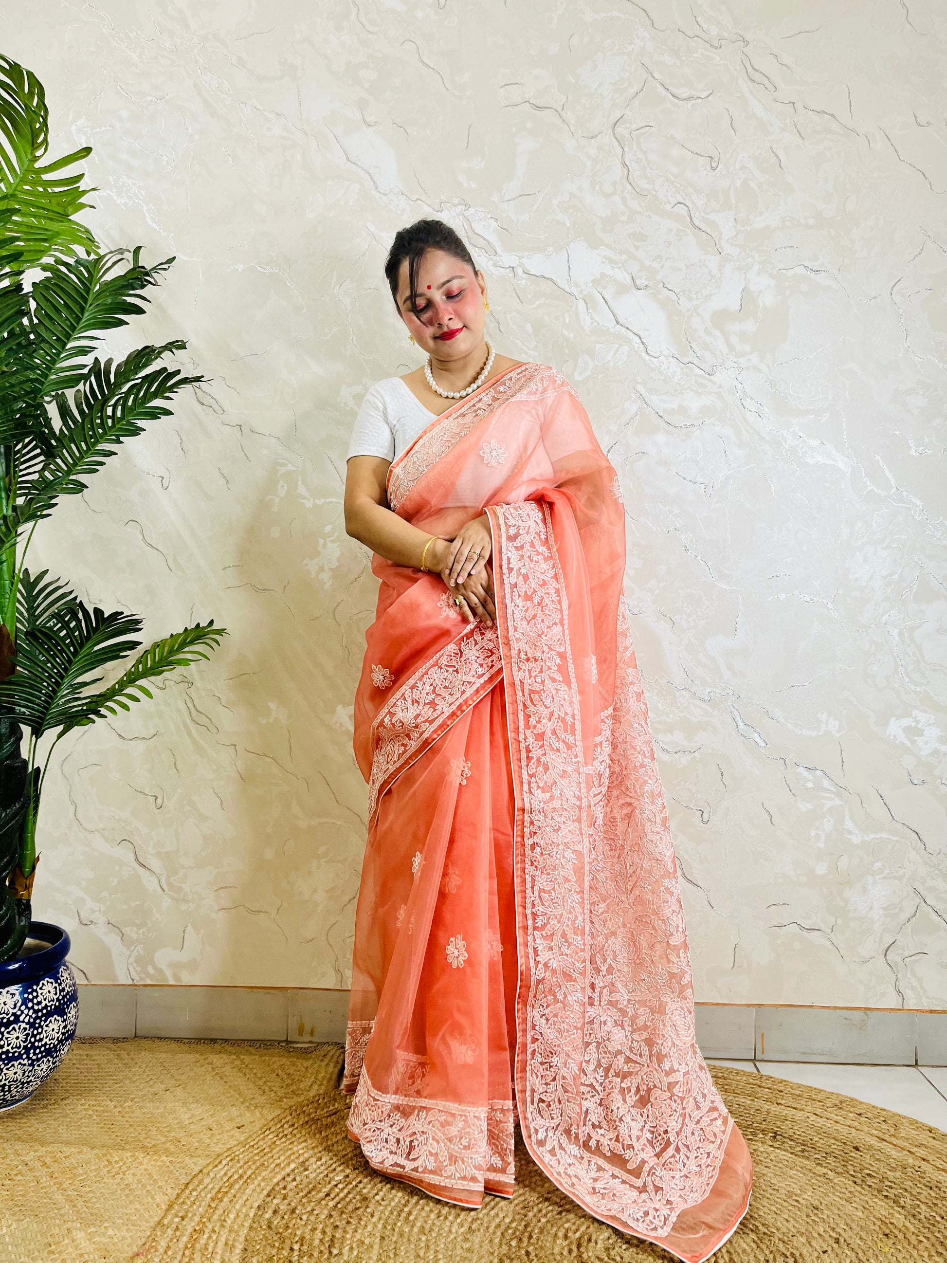 Pastel coral peach Chikankari handstitched organza silk saree with dense blush jaal embroidery — standing front view, Desi Aadat