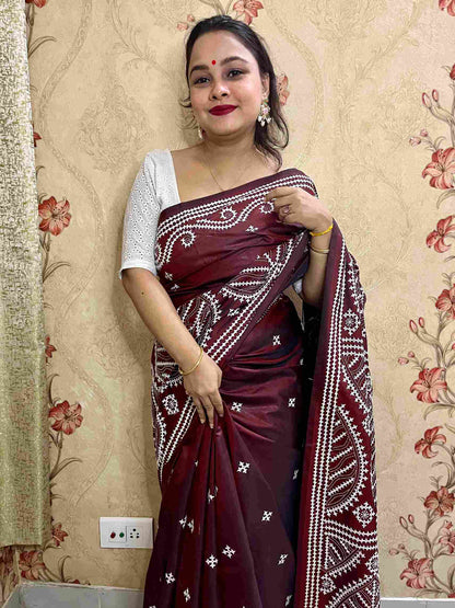 Maroon Brown Gujarati Stitch Saree with Kutch hand embroidery on blended Bangalore silk by Desi Aadat